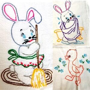 Vintage Embroidered Bunny & Duckling Kitchen Towel Set of 3